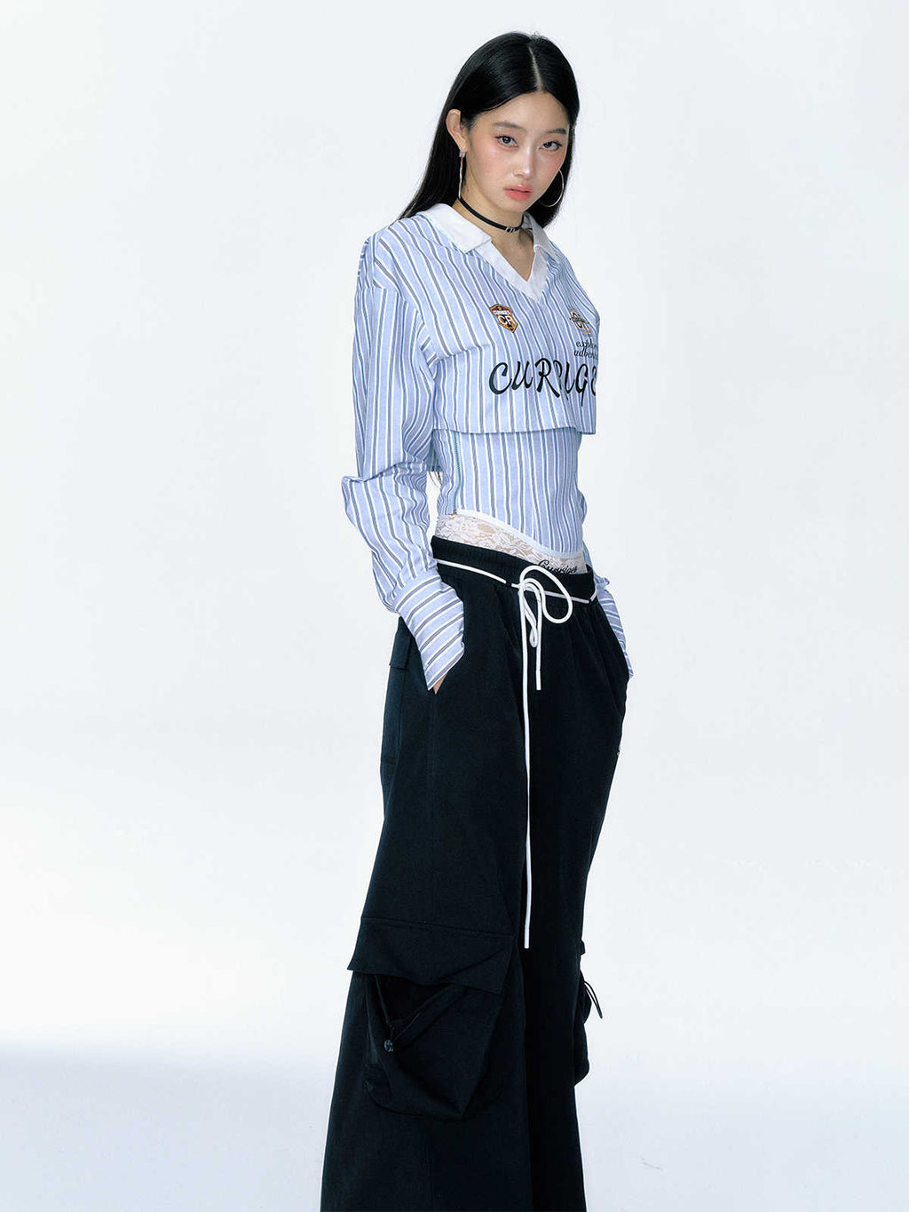 【Clearance Sale】Striped V - Neck Long Sleeve Shirt and Bustier Two - Piece Set - COPPING THREADS - CT Select