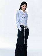 【Clearance Sale】Striped V - Neck Long Sleeve Shirt and Bustier Two - Piece Set - COPPING THREADS - CT Select