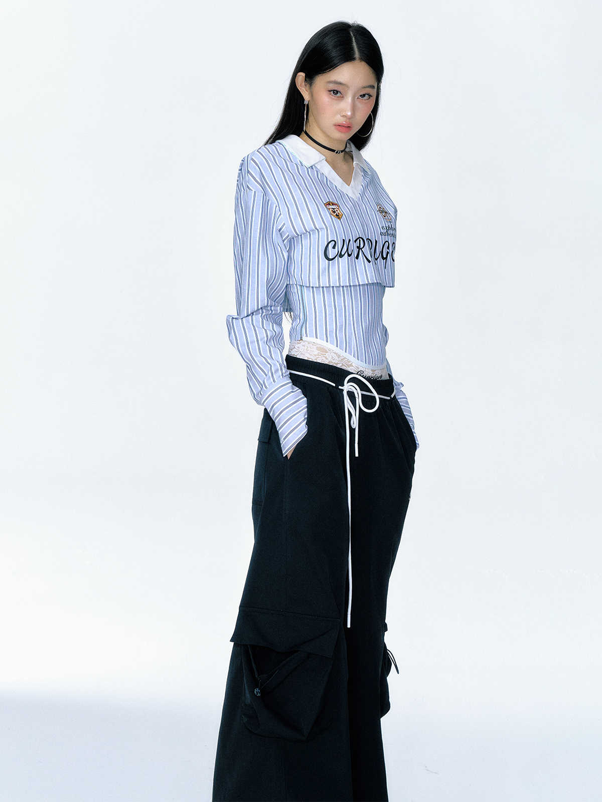 【Clearance Sale】Striped V - Neck Long Sleeve Shirt and Bustier Two - Piece Set - COPPING THREADS - CT Select