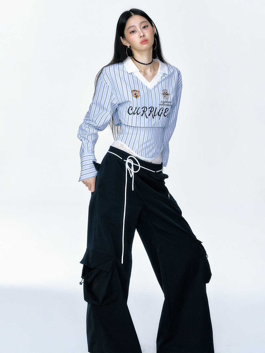 【Clearance Sale】Striped V - Neck Long Sleeve Shirt and Bustier Two - Piece Set - COPPING THREADS - CT Select