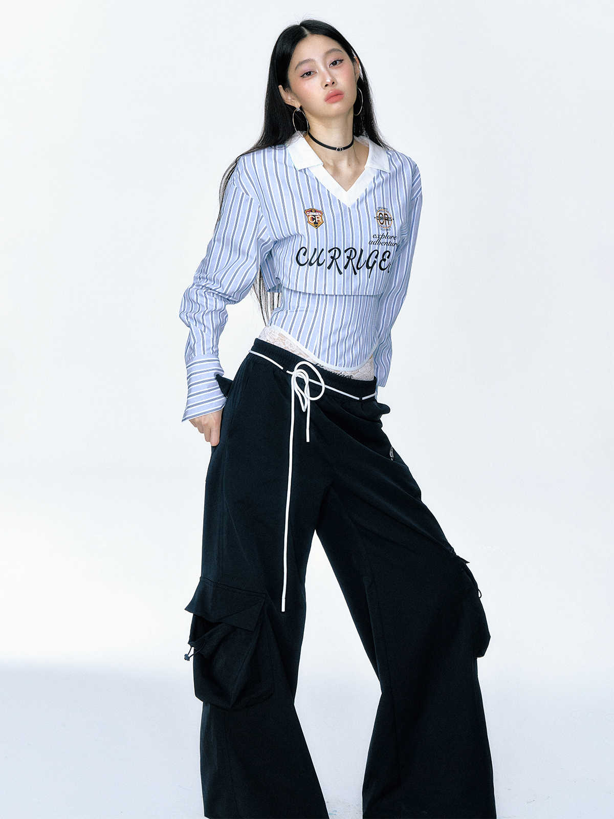 【Clearance Sale】Striped V - Neck Long Sleeve Shirt and Bustier Two - Piece Set - COPPING THREADS - CT Select