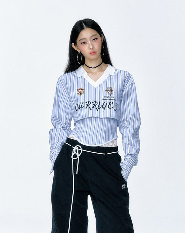 【Clearance Sale】Striped V - Neck Long Sleeve Shirt and Bustier Two - Piece Set - COPPING THREADS - CT Select