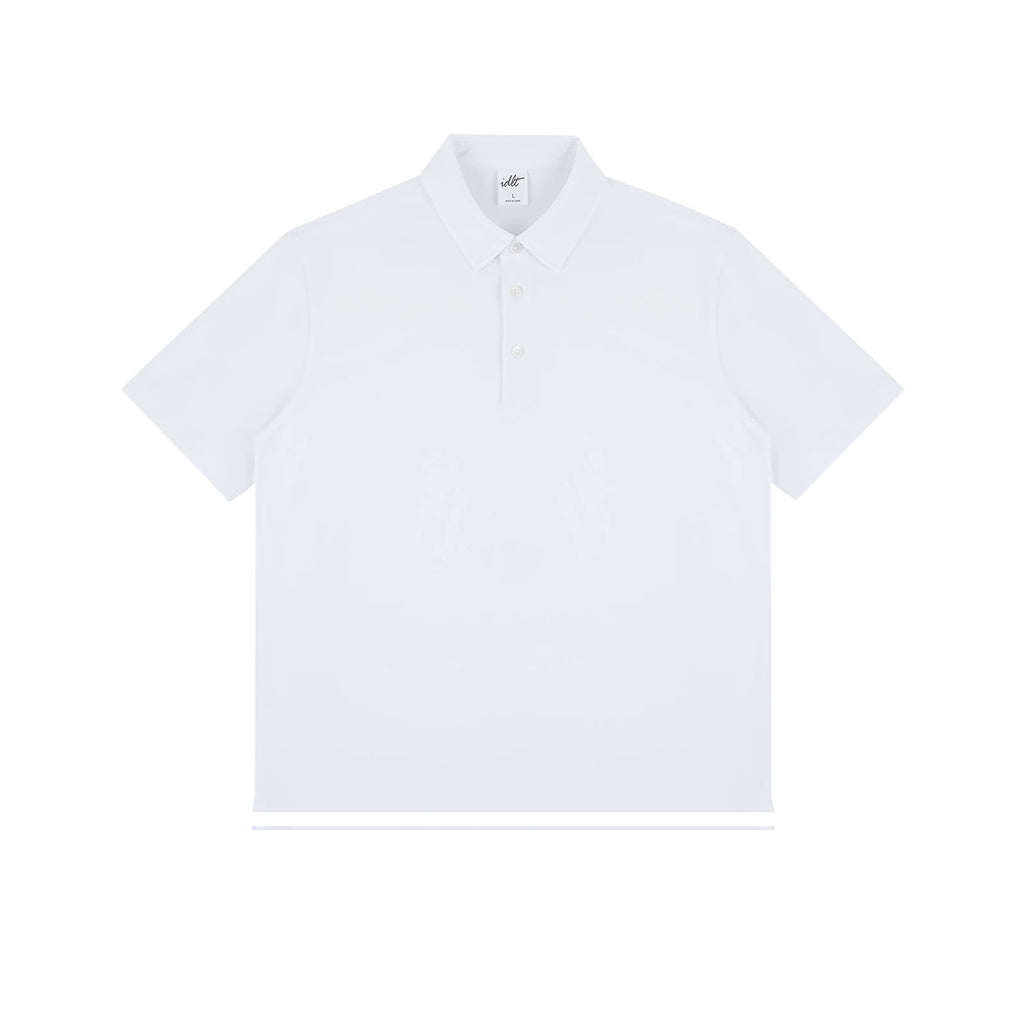 IDLT polo shirt, white front.