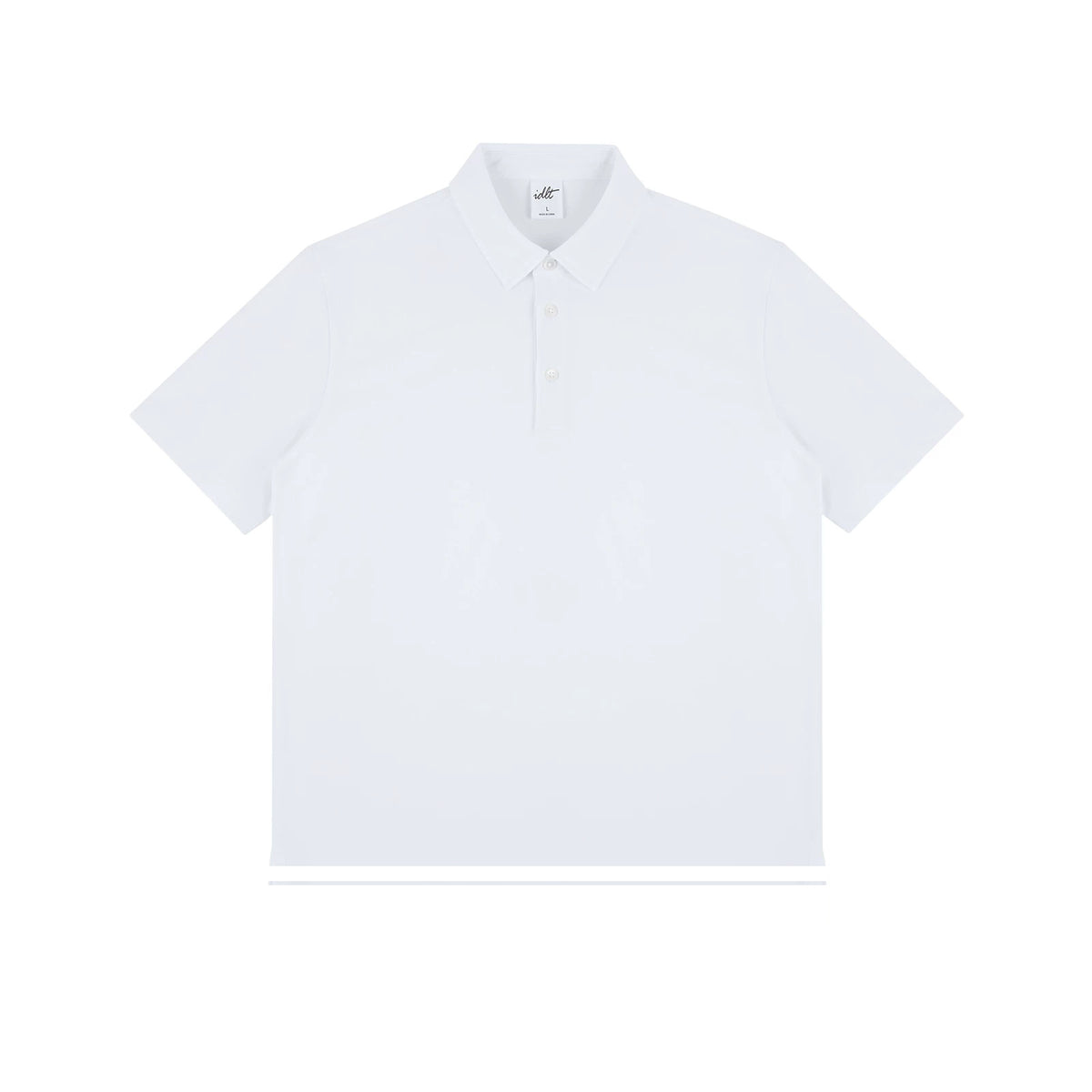 IDLT polo shirt, white front.