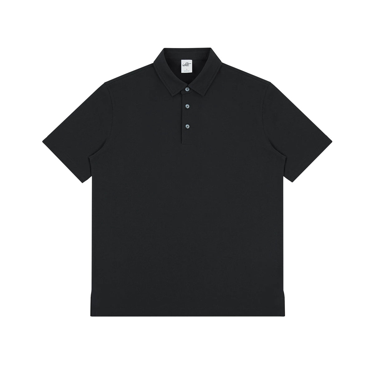 IDLT polo shirt, black front.