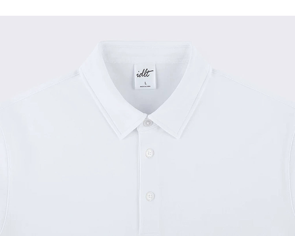 IDLT polo shirt, white collar and placket.