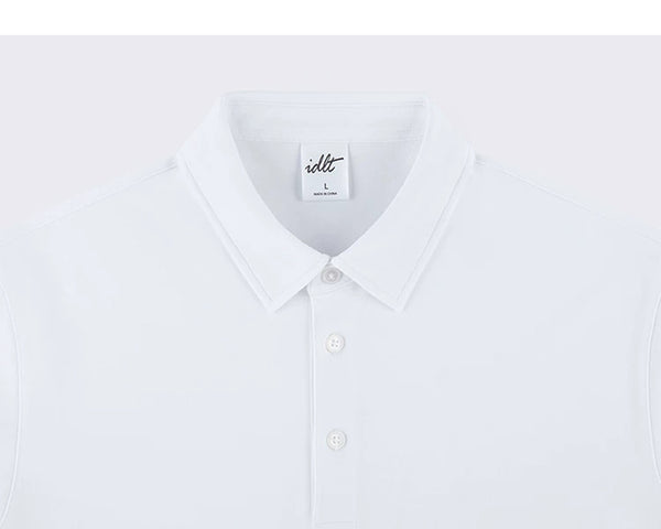 IDLT polo shirt, white collar and placket.