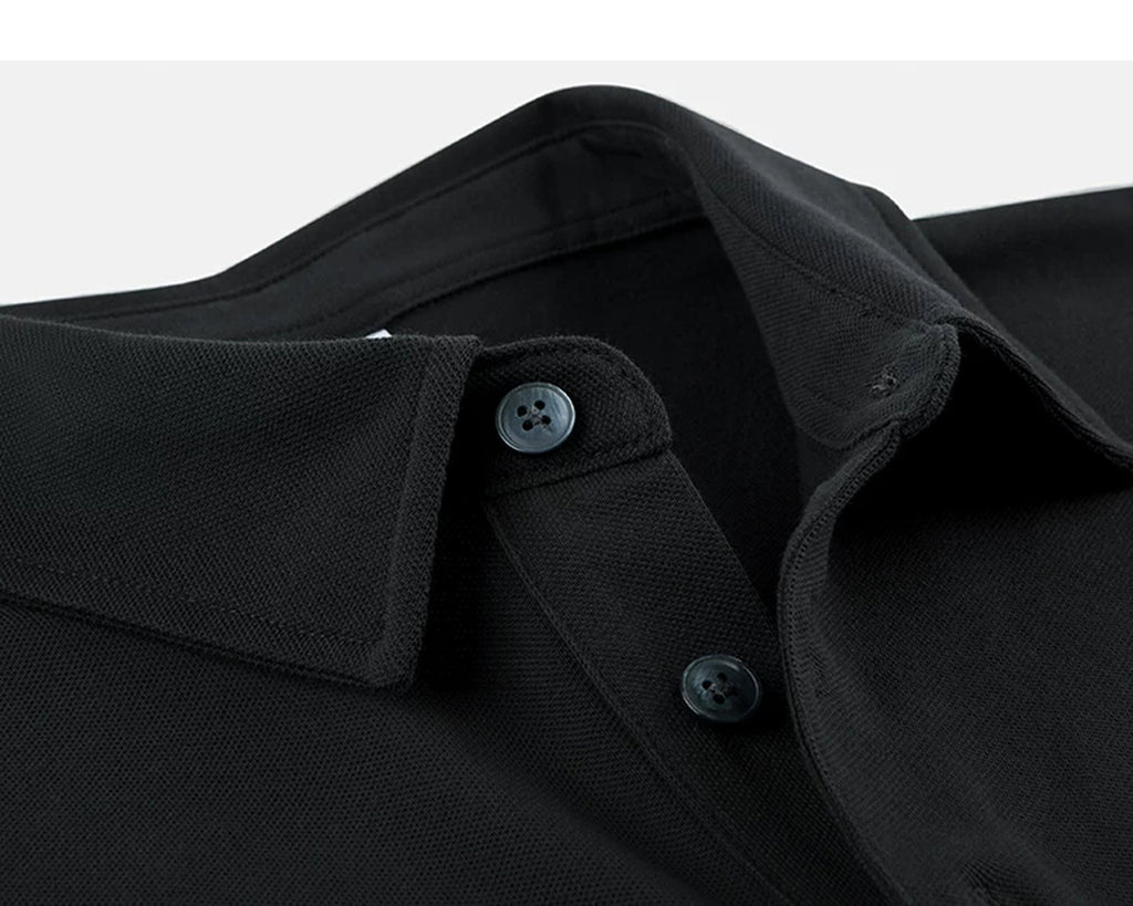 IDLT polo shirt, black collar stitching and buttons.