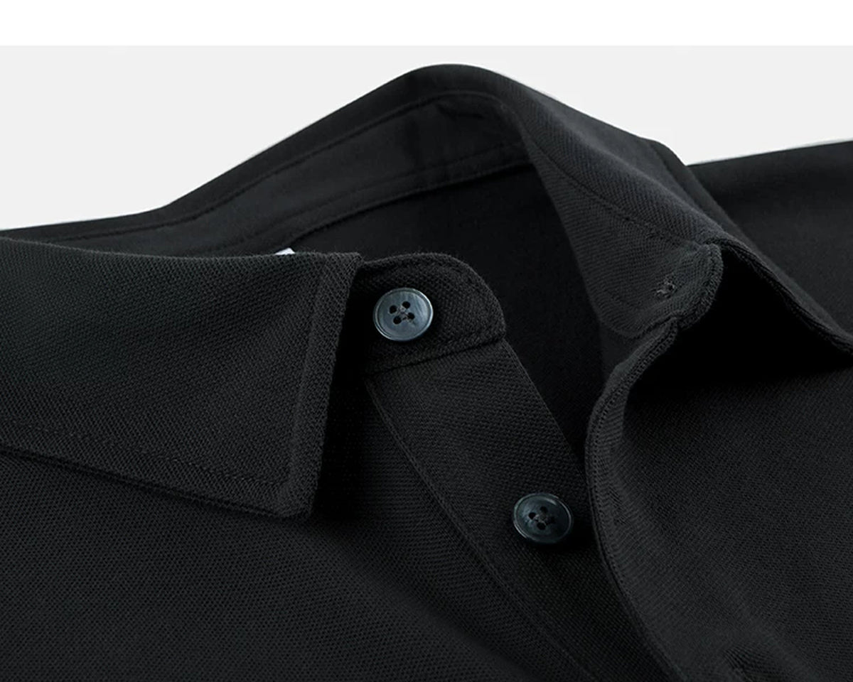 IDLT polo shirt, black collar stitching and buttons.