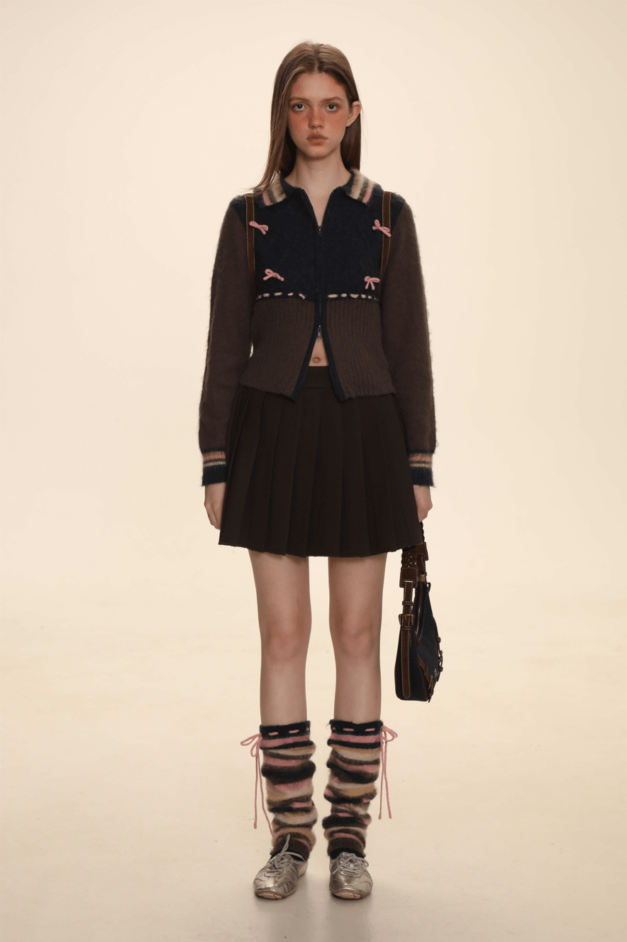 Color - Block Mohair Bow - Tie Zip - Up Cardigan - COPPING THREADS - MOROMORO