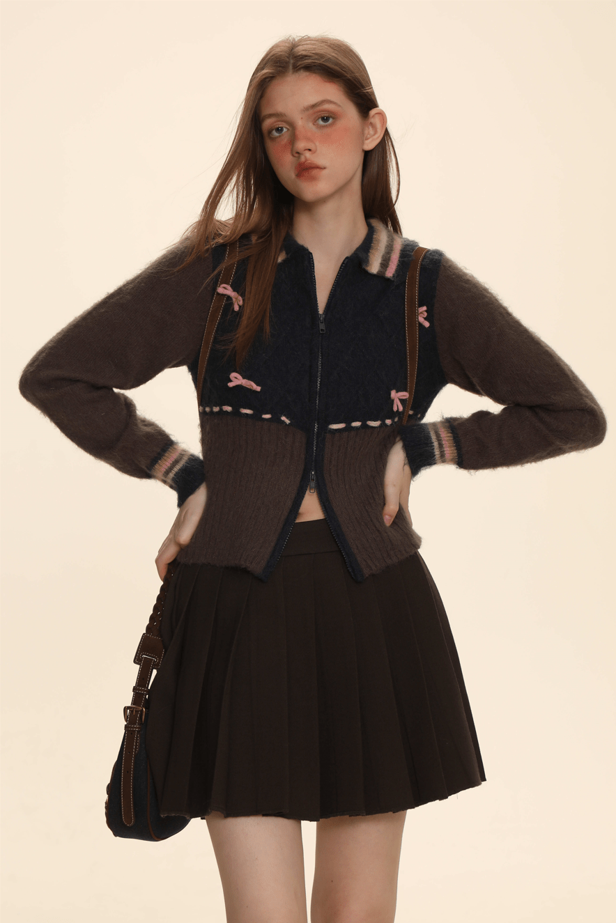 Color - Block Mohair Bow - Tie Zip - Up Cardigan - COPPING THREADS - MOROMORO