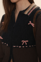 Color - Block Mohair Bow - Tie Zip - Up Cardigan - COPPING THREADS - MOROMORO