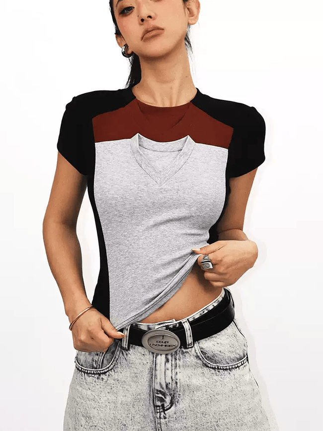 Colorblock Layered-Look Fitted Tee Main Image