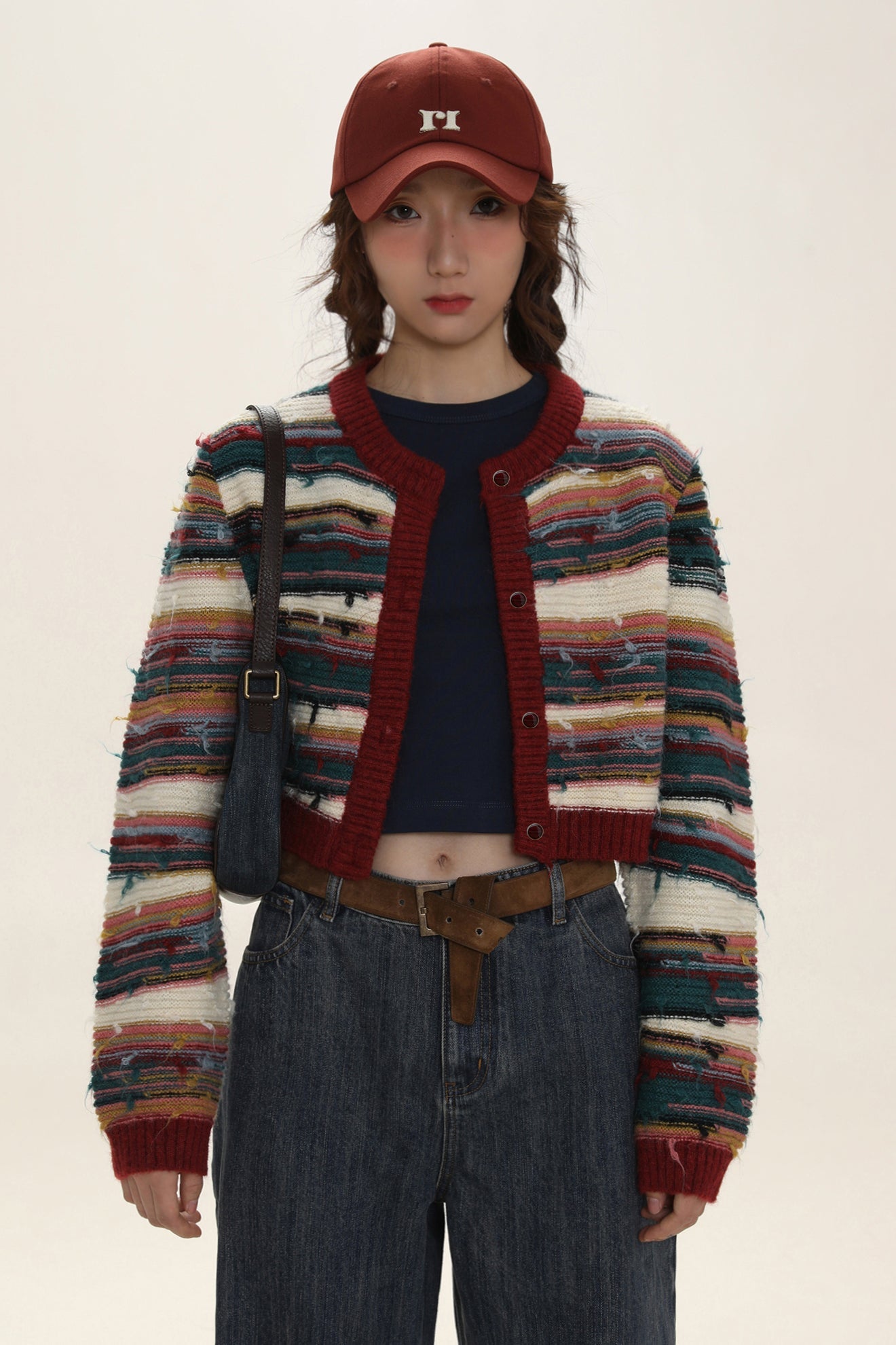 Colorblock Striped Knit Cropped Cardigan - COPPING THREADS - MOROMORO Main image