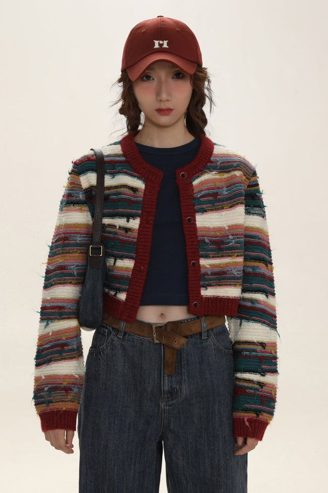 Colorblock Striped Knit Cropped Cardigan - COPPING THREADS - MOROMORO Hover Image