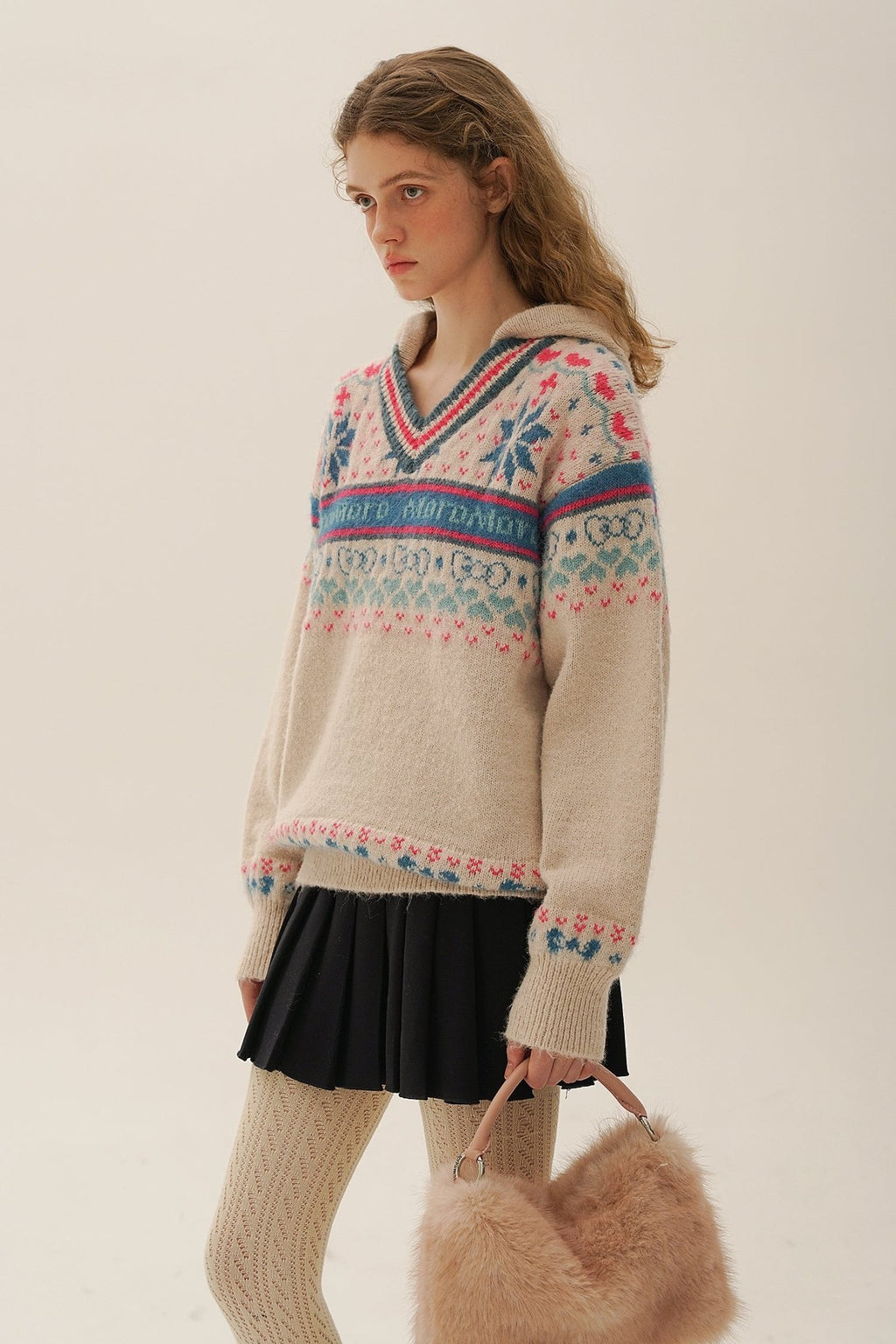 Colorful Fair Isle Heart Striped V - Neck Layered Hoodie Sweater - COPPING THREADS - MOROMORO