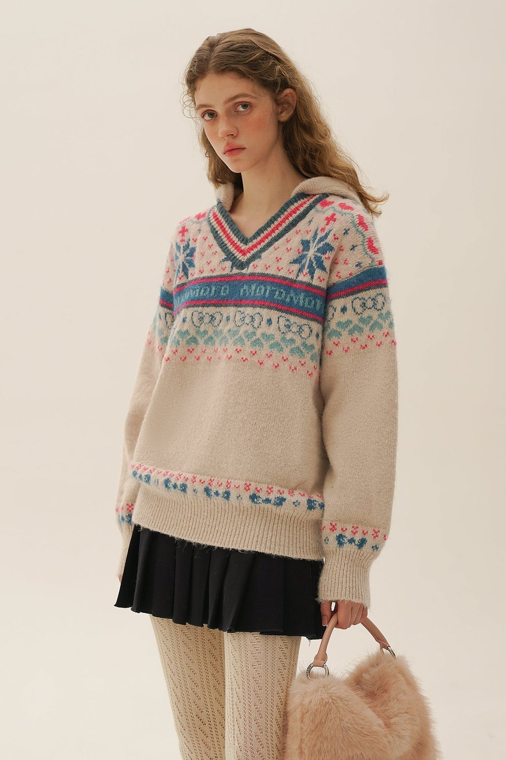 Colorful Fair Isle Heart Striped V - Neck Layered Hoodie Sweater - COPPING THREADS - MOROMORO