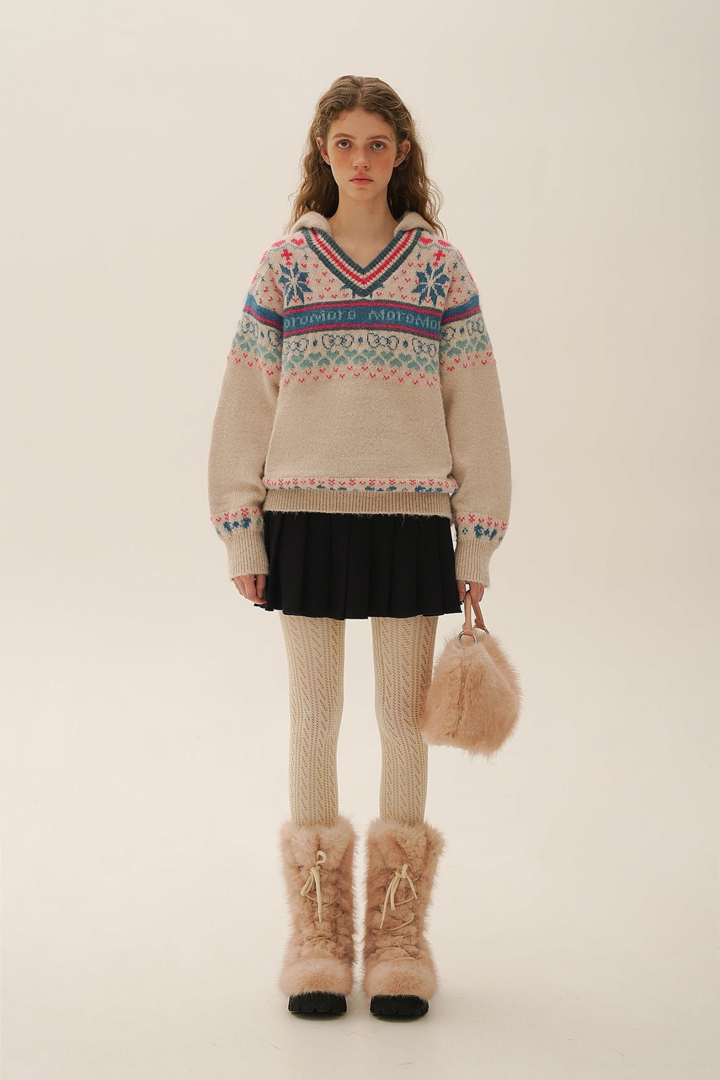 Colorful Fair Isle Heart Striped V - Neck Layered Hoodie Sweater - COPPING THREADS - MOROMORO