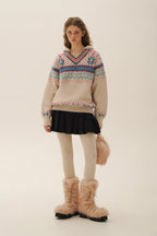 Colorful Fair Isle Heart Striped V - Neck Layered Hoodie Sweater - COPPING THREADS - MOROMORO