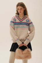 Colorful Fair Isle Heart Striped V - Neck Layered Hoodie Sweater - COPPING THREADS - MOROMORO