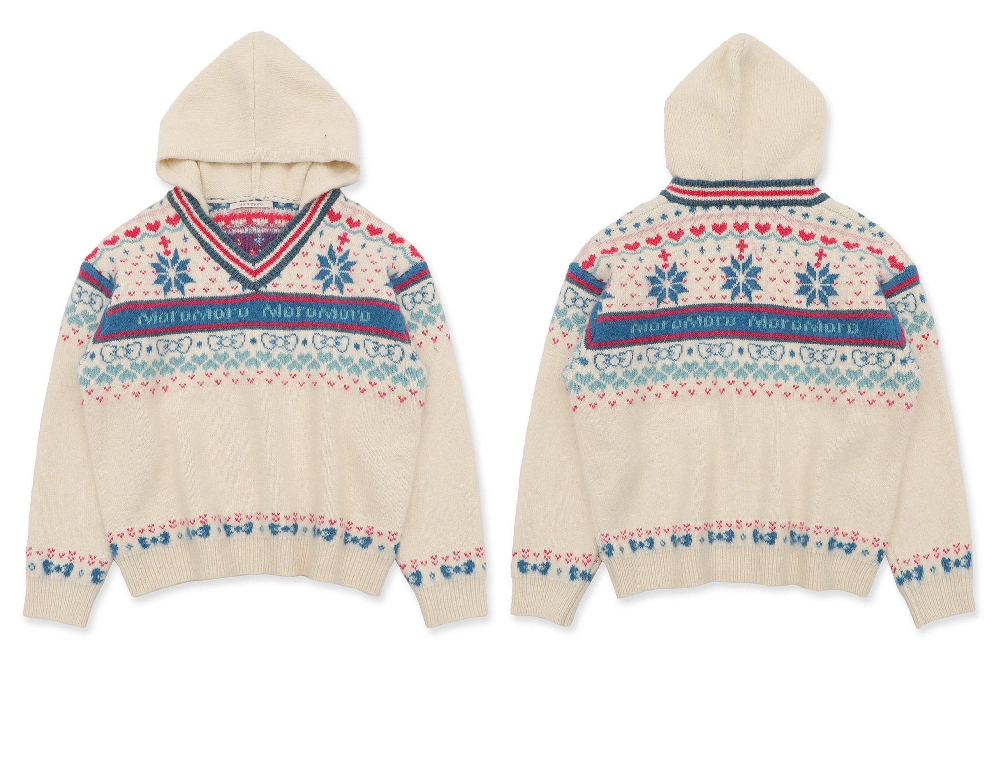 Colorful Fair Isle Heart Striped V - Neck Layered Hoodie Sweater - COPPING THREADS - MOROMORO