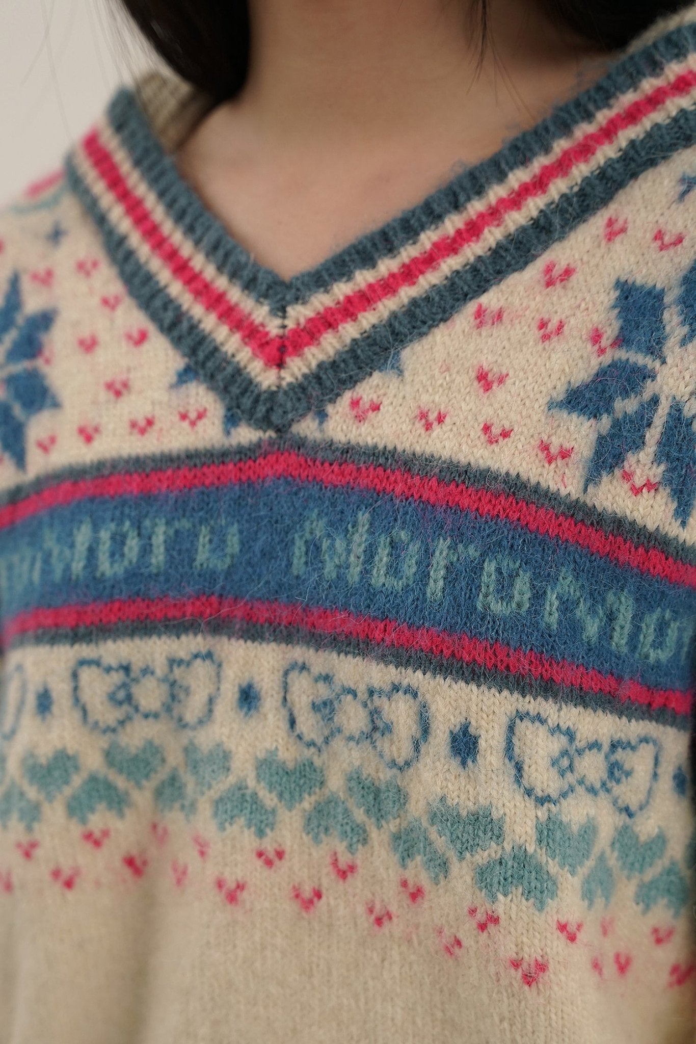 Colorful Fair Isle Heart Striped V - Neck Layered Hoodie Sweater - COPPING THREADS - MOROMORO