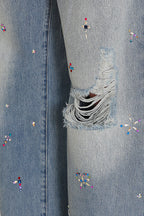 Colorful Rhinestone Lace Trimmed Distressed Denim - COPPING THREADS - MOROMORO
