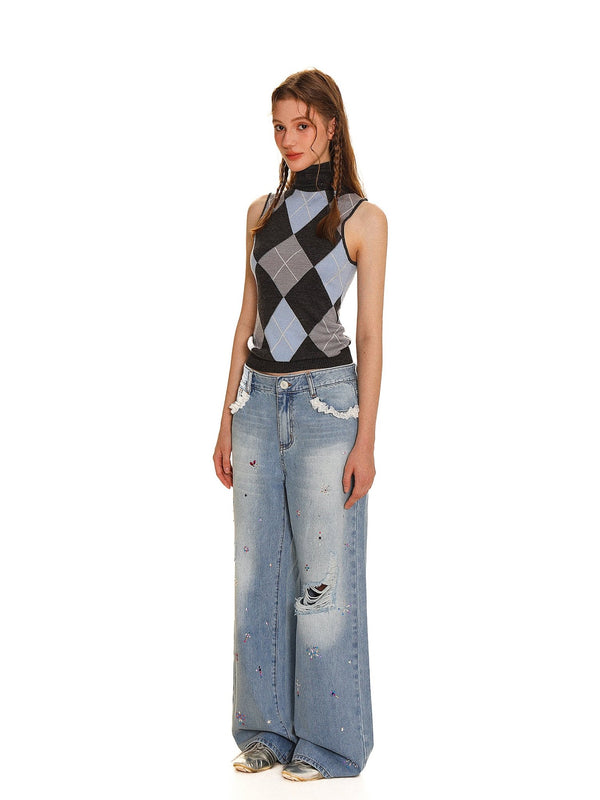 Colorful Rhinestone Lace Trimmed Distressed Denim - COPPING THREADS - MOROMORO