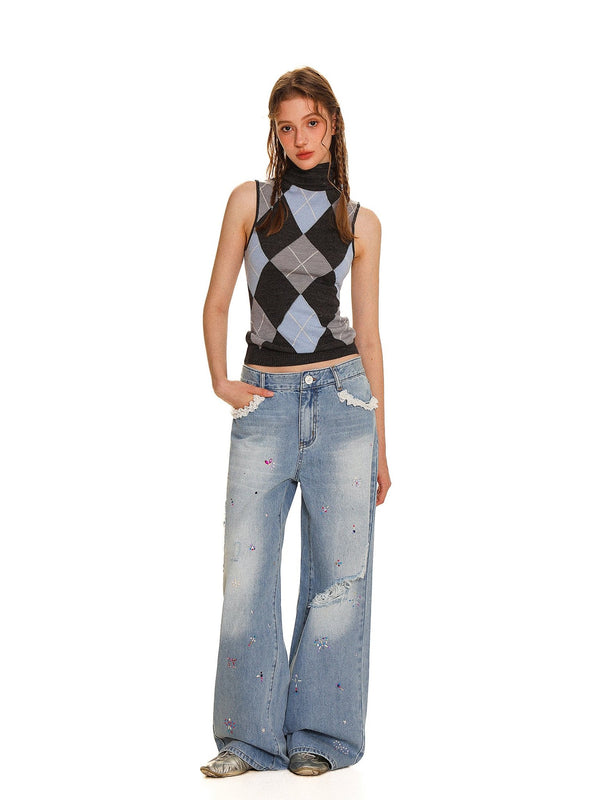 Colorful Rhinestone Lace Trimmed Distressed Denim - COPPING THREADS - MOROMORO