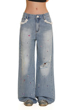 Colorful Rhinestone Lace Trimmed Distressed Denim - COPPING THREADS - MOROMORO