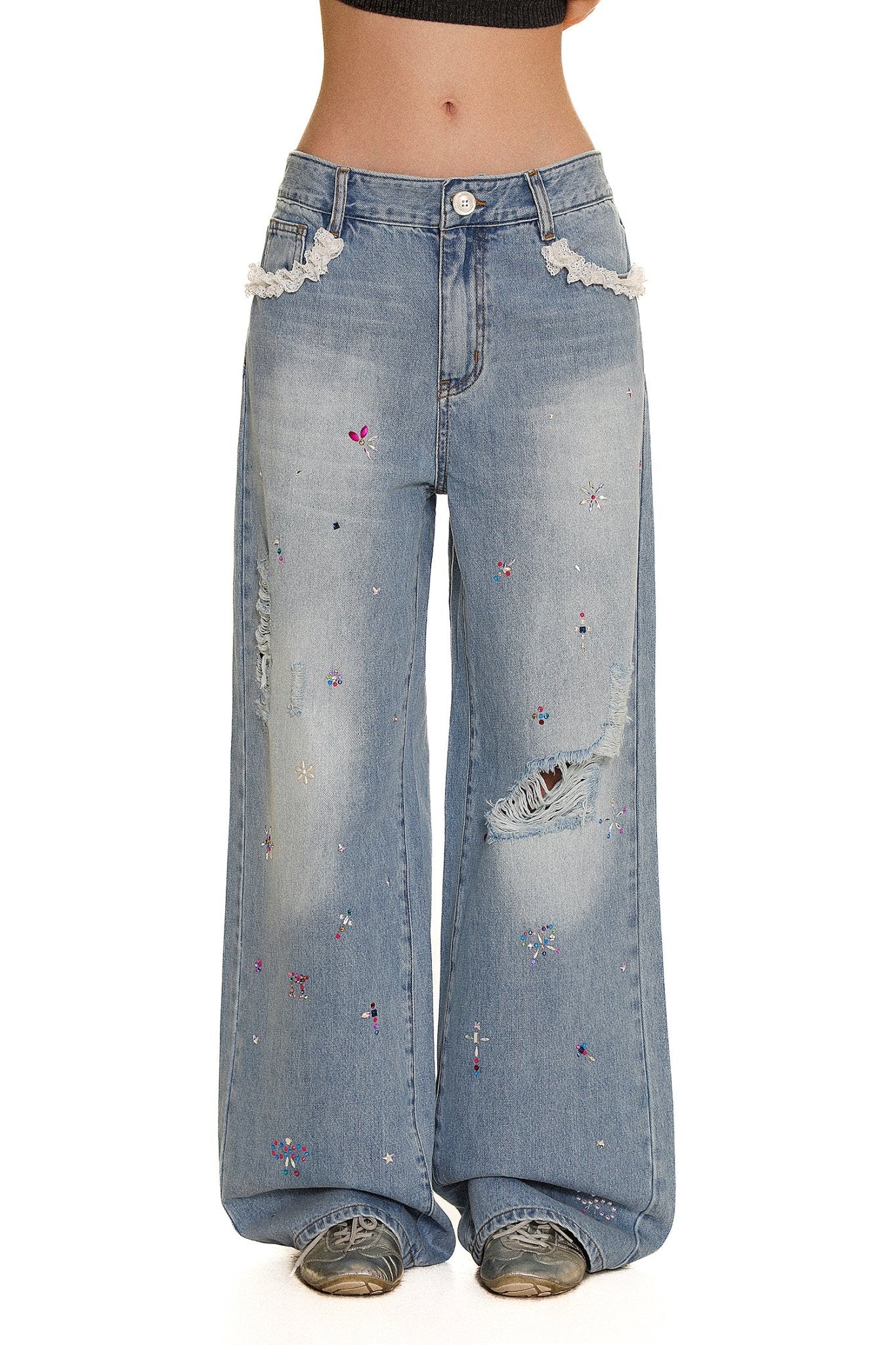 Colorful Rhinestone Lace Trimmed Distressed Denim - COPPING THREADS - MOROMORO