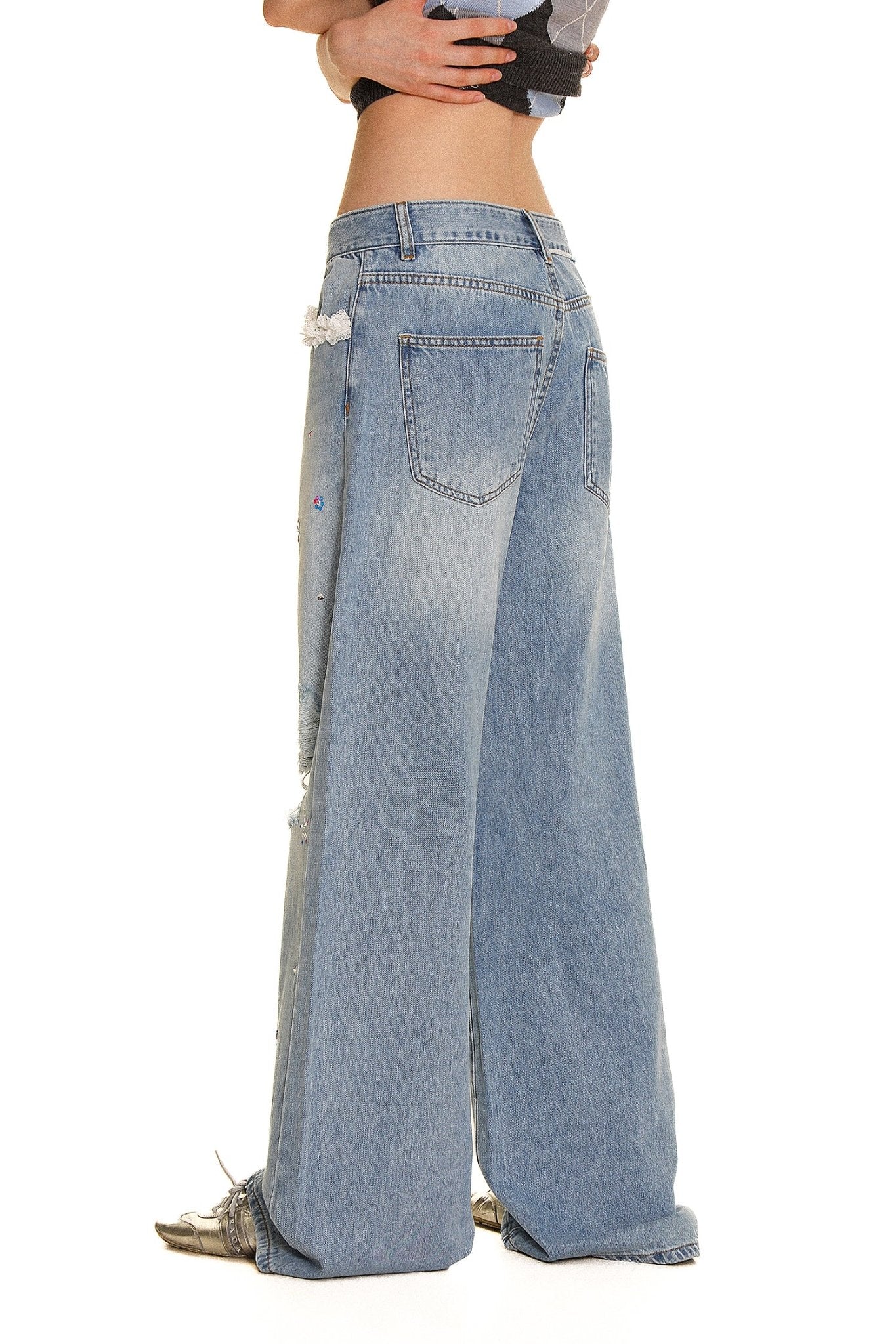 Colorful Rhinestone Lace Trimmed Distressed Denim - COPPING THREADS - MOROMORO