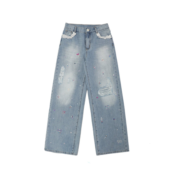 Colorful Rhinestone Lace Trimmed Distressed Denim - COPPING THREADS - MOROMORO