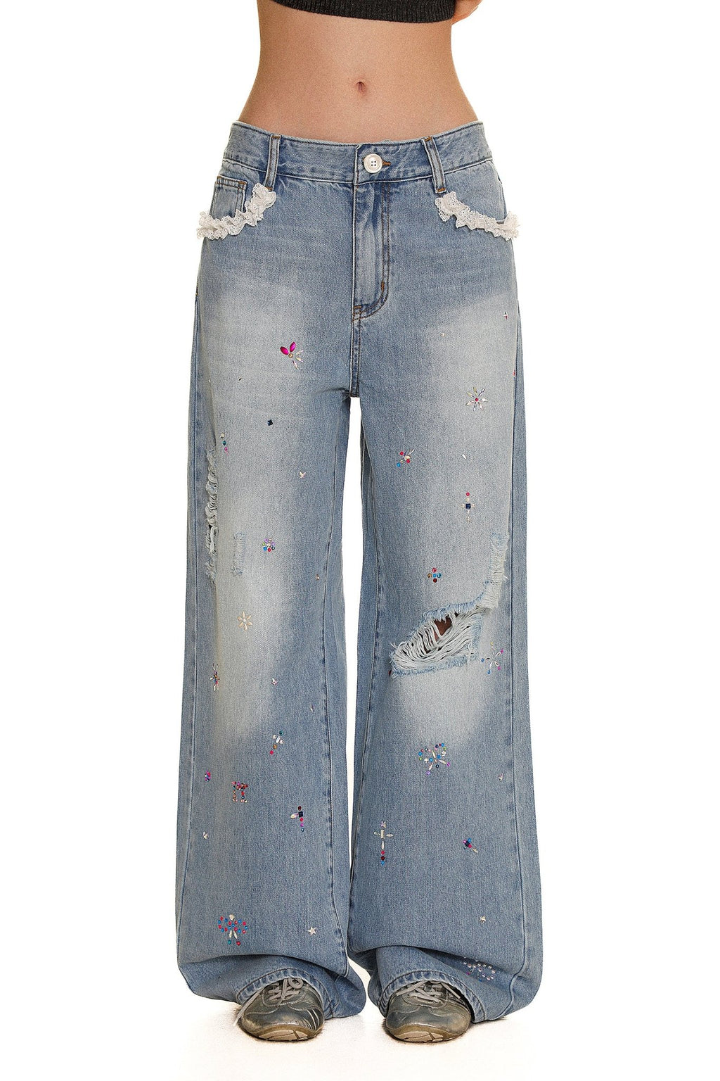 Colorful Rhinestone Lace Trimmed Distressed Denim - COPPING THREADS - MOROMORO