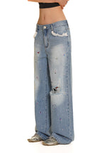 Colorful Rhinestone Lace Trimmed Distressed Denim - COPPING THREADS - MOROMORO