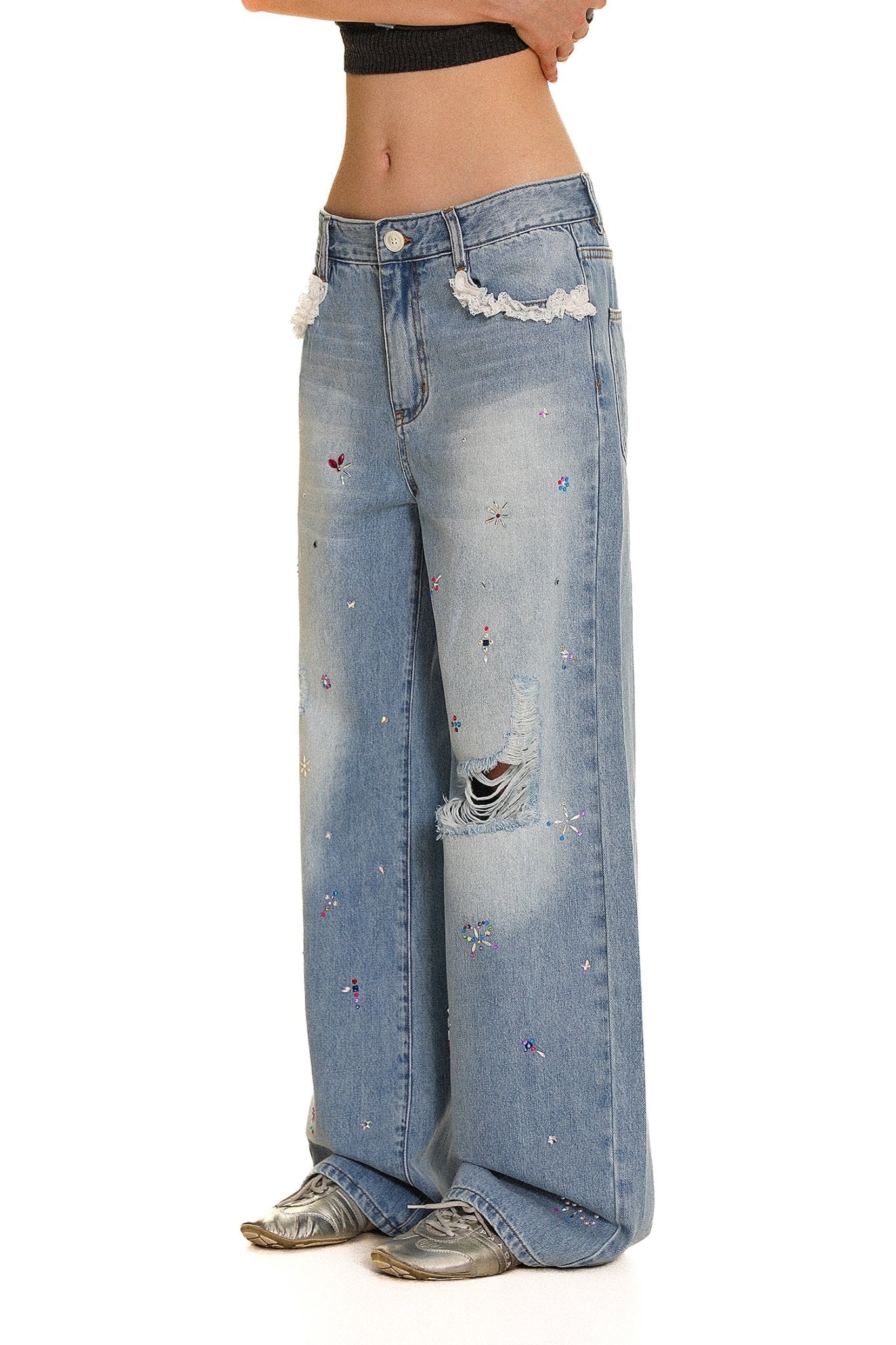 Colorful Rhinestone Lace Trimmed Distressed Denim - COPPING THREADS - MOROMORO