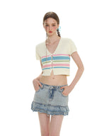 Colorful Striped Bow V - Neck Short Knit Top - COPPING THREADS - MOROMORO