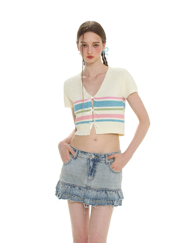 Colorful Striped Bow V - Neck Short Knit Top - COPPING THREADS - MOROMORO