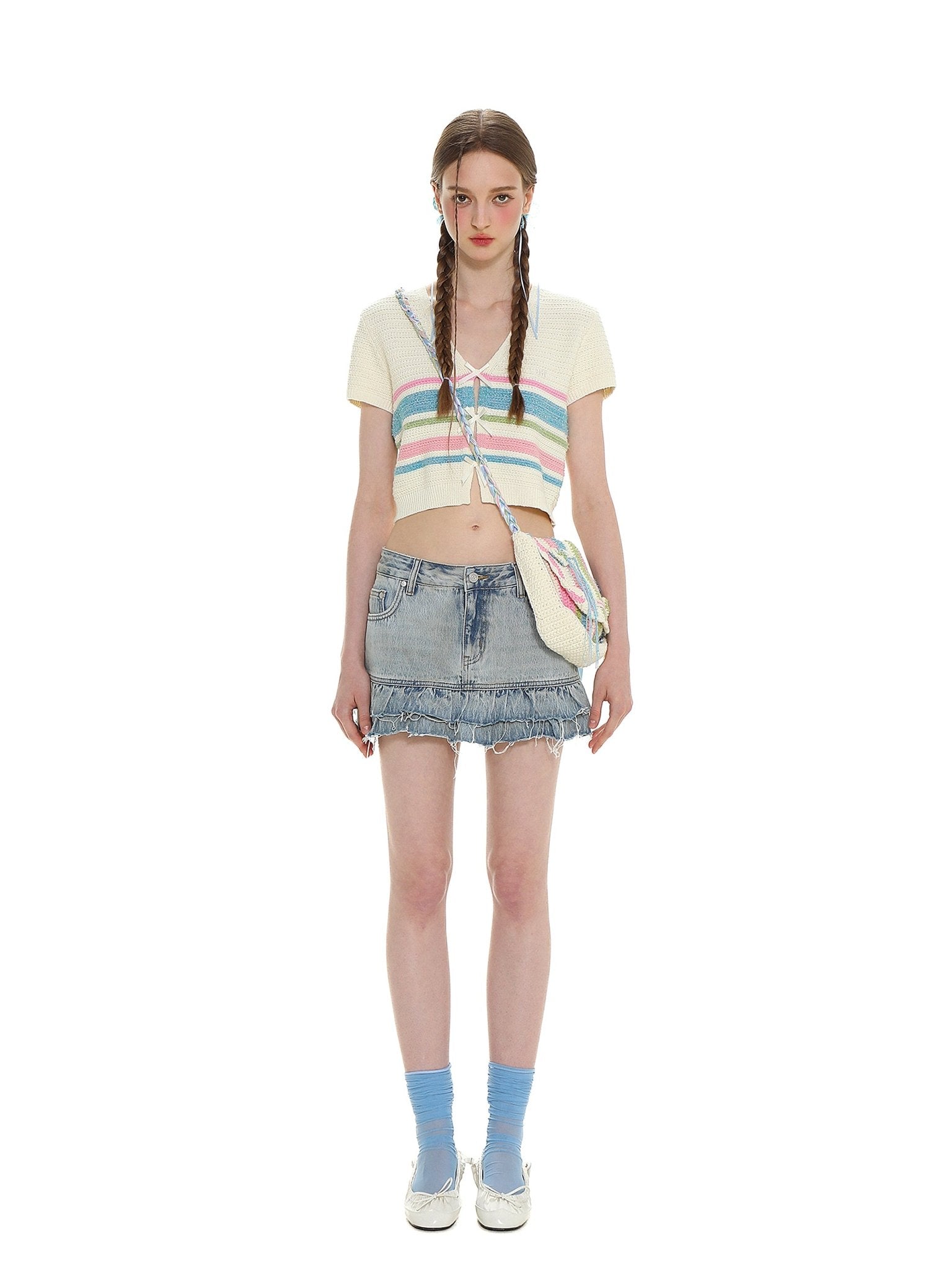 Colorful Striped Bow V - Neck Short Knit Top - COPPING THREADS - MOROMORO