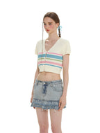Colorful Striped Bow V - Neck Short Knit Top - COPPING THREADS - MOROMORO