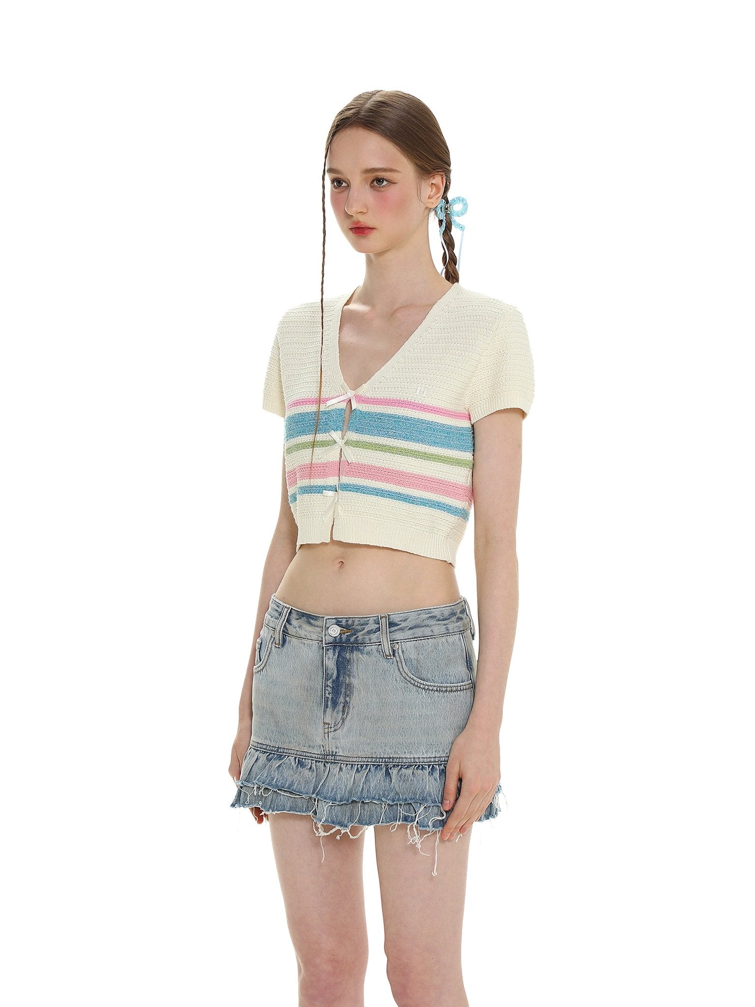 Colorful Striped Bow V - Neck Short Knit Top - COPPING THREADS - MOROMORO