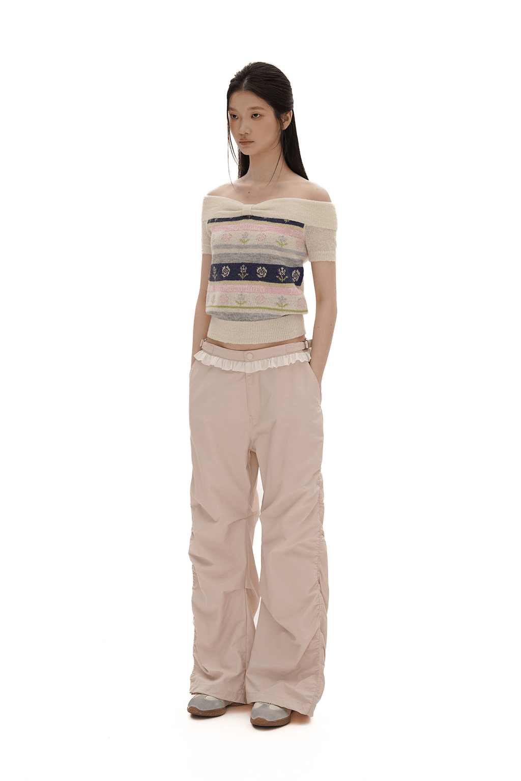 Colorful Striped Floral Pattern Off - Shoulder Knit Top - COPPING THREADS - MOROMORO