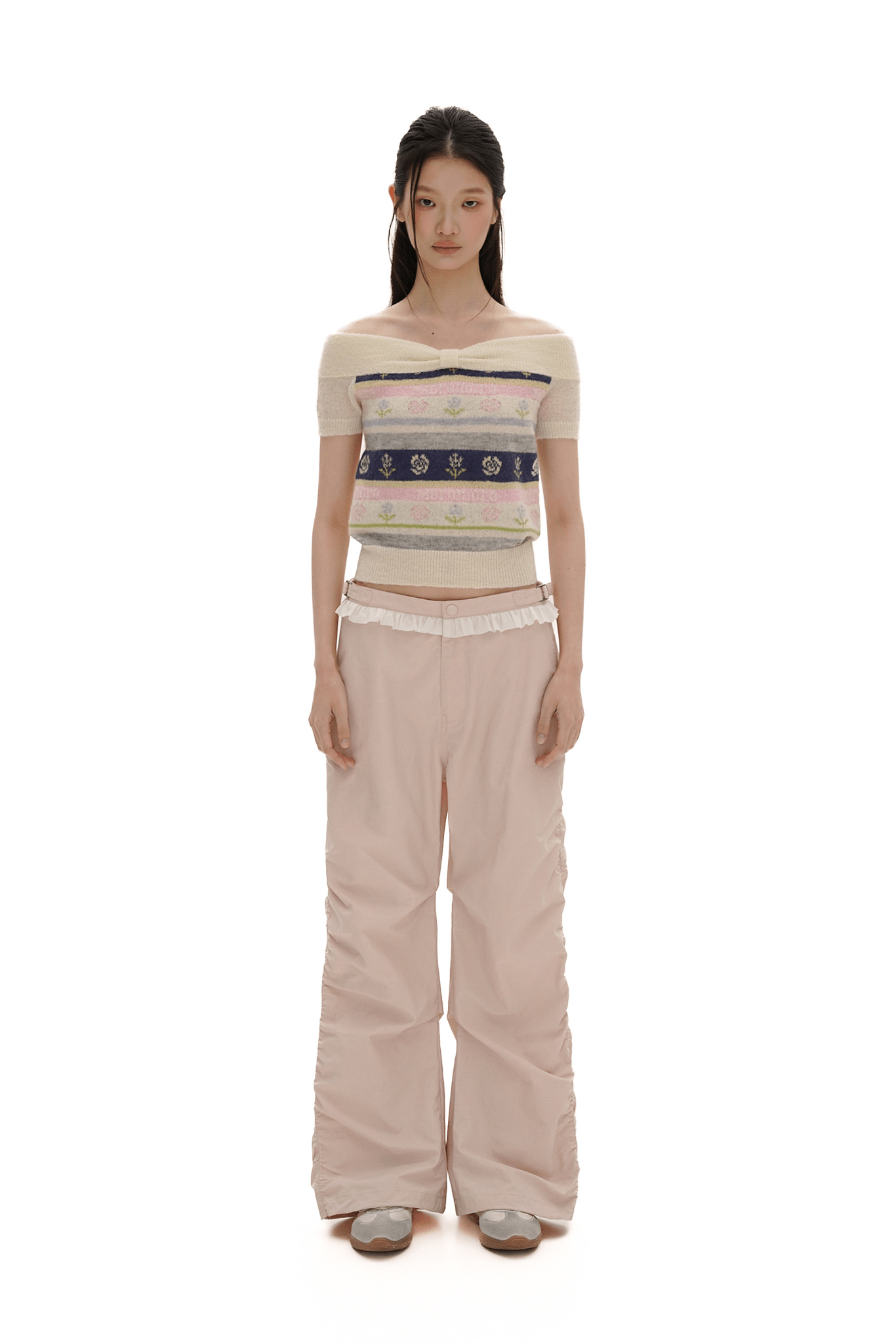 Colorful Striped Floral Pattern Off-Shoulder Knit Top Secondary image