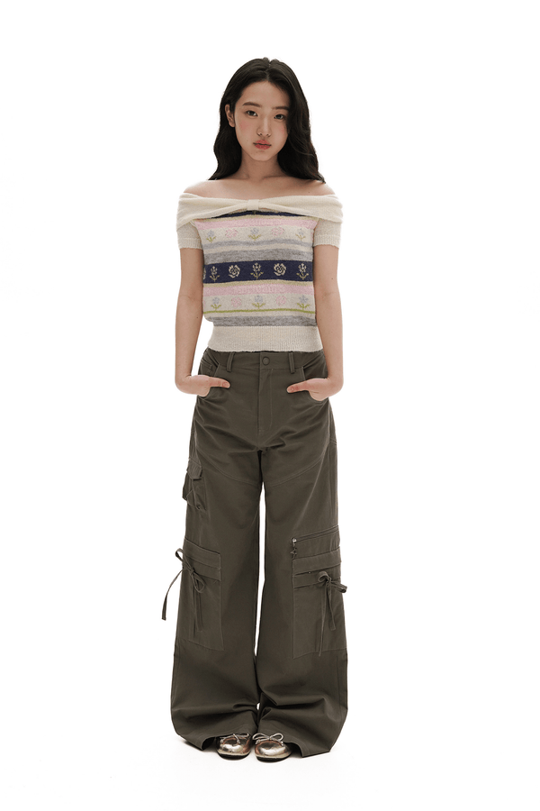 Colorful Striped Floral Pattern Off - Shoulder Knit Top - COPPING THREADS - MOROMORO