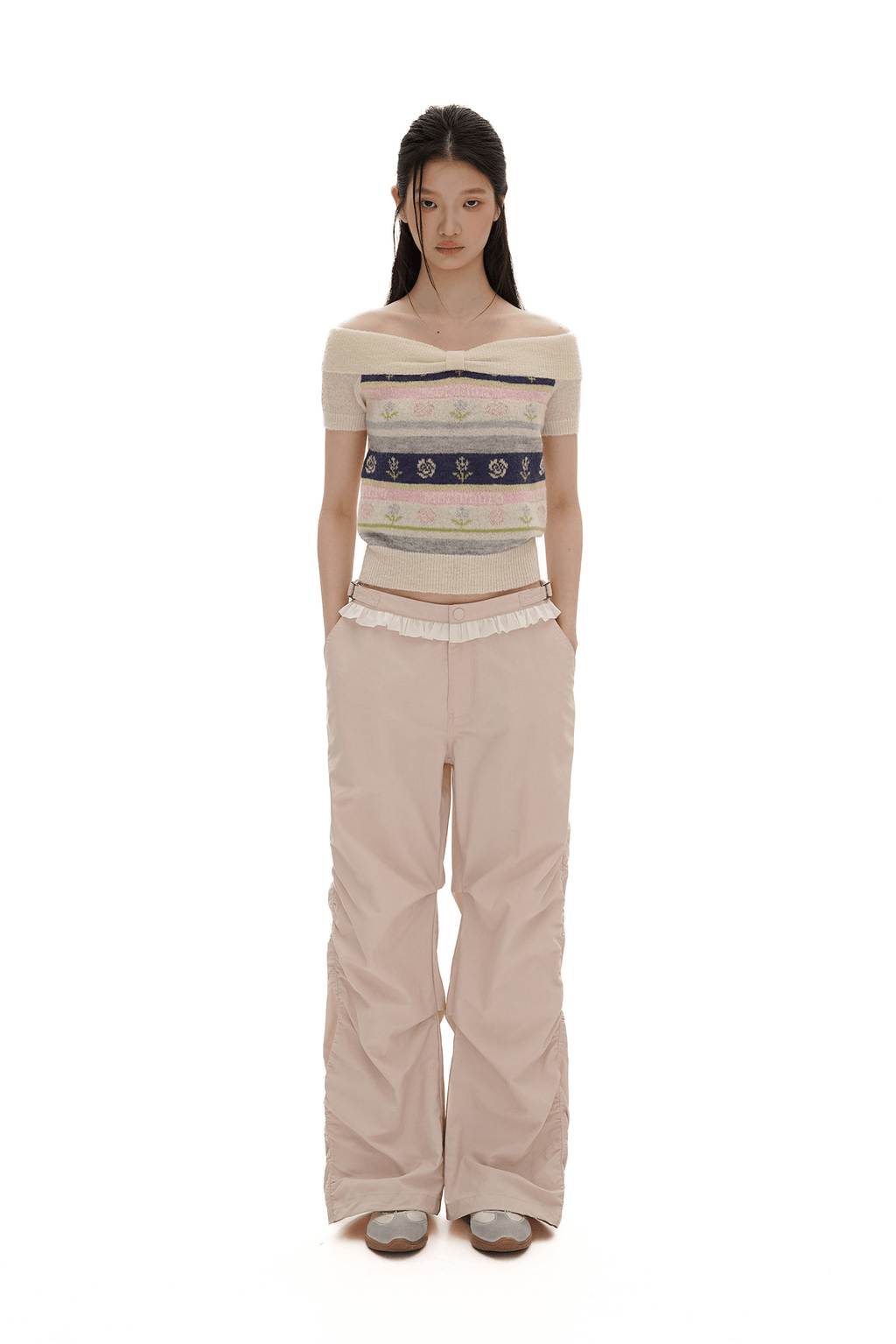 Colorful Striped Floral Pattern Off - Shoulder Knit Top - COPPING THREADS - MOROMORO