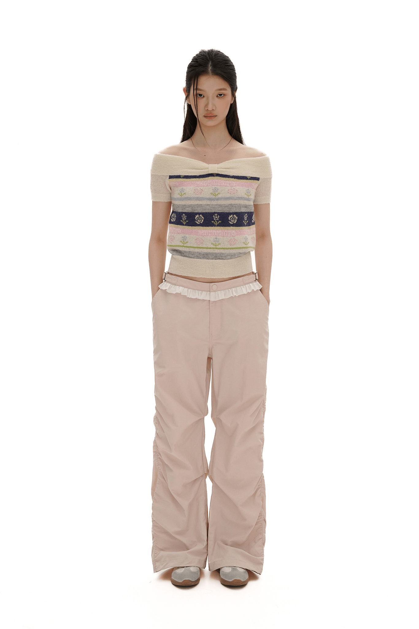 Colorful Striped Floral Pattern Off - Shoulder Knit Top - COPPING THREADS - MOROMORO