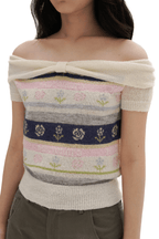 Colorful Striped Floral Pattern Off - Shoulder Knit Top - COPPING THREADS - MOROMORO