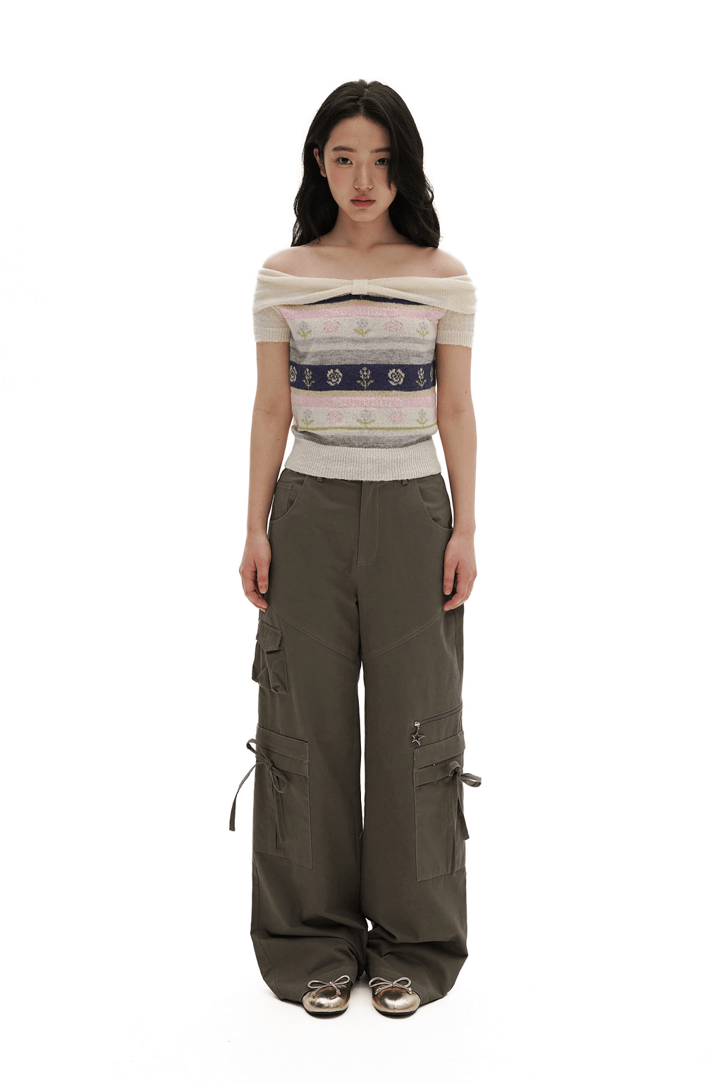 Colorful Striped Floral Pattern Off - Shoulder Knit Top - COPPING THREADS - MOROMORO