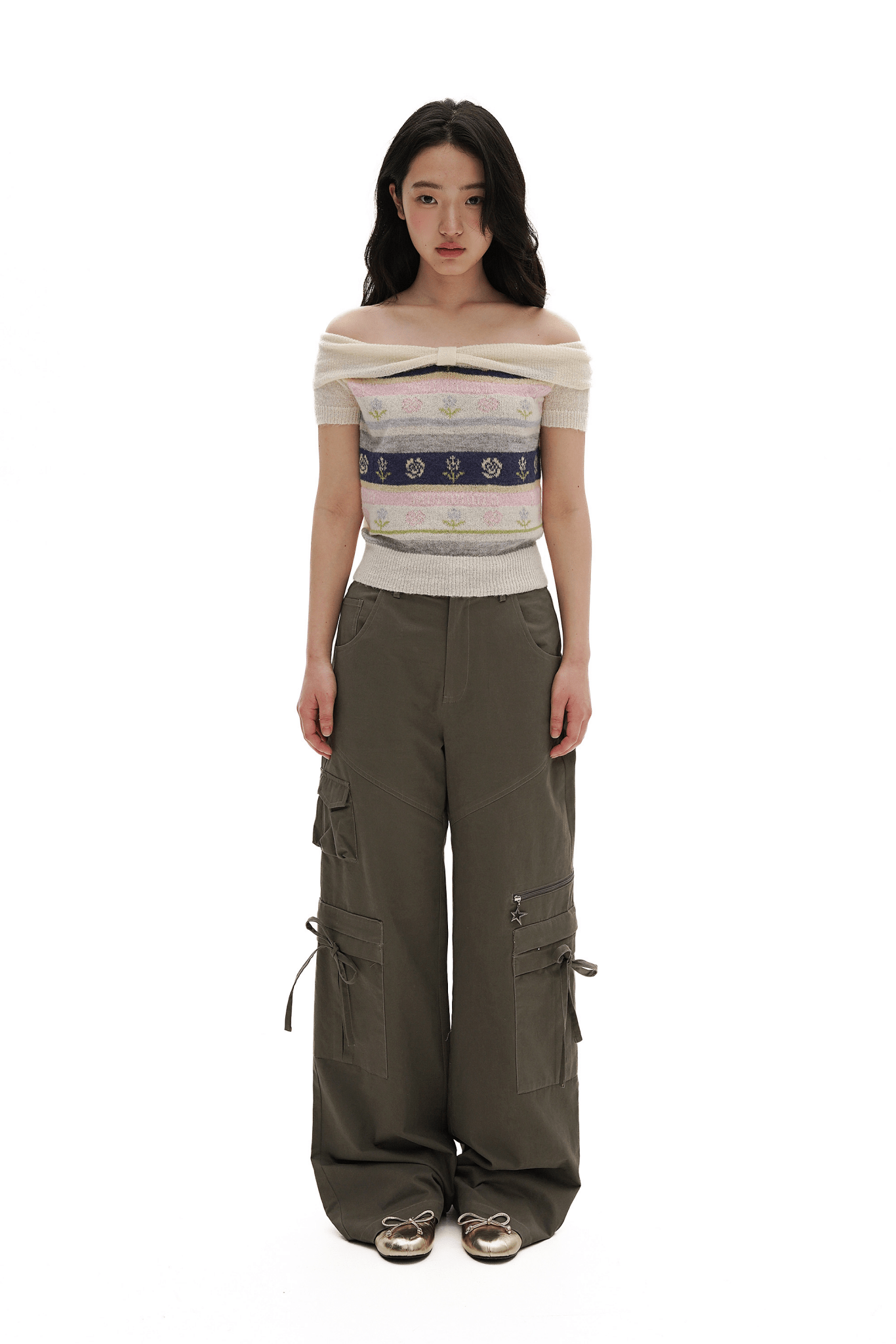 Colorful Striped Floral Pattern Off - Shoulder Knit Top - COPPING THREADS - MOROMORO