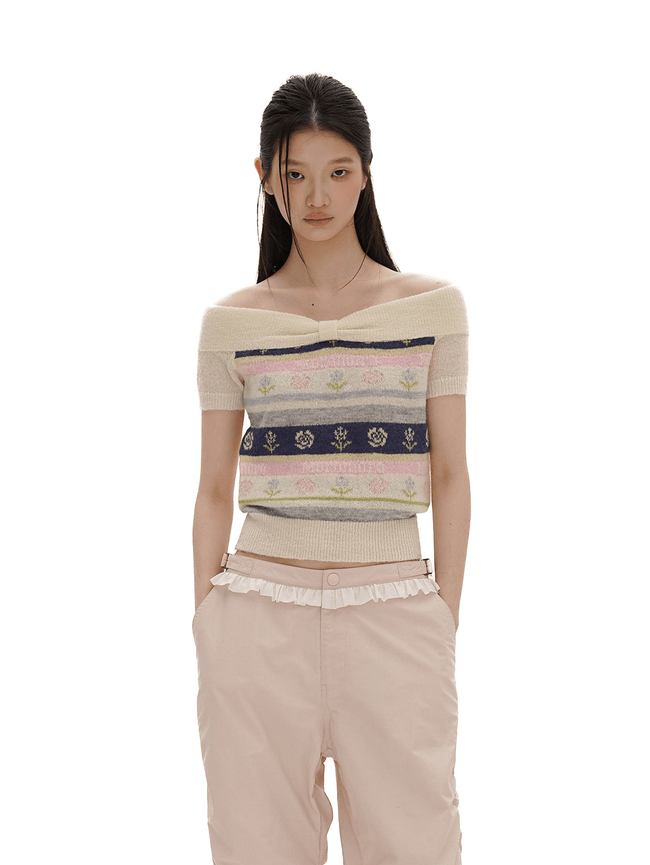 Colorful Striped Floral Pattern Off - Shoulder Knit Top - COPPING THREADS - MOROMORO Hover Image